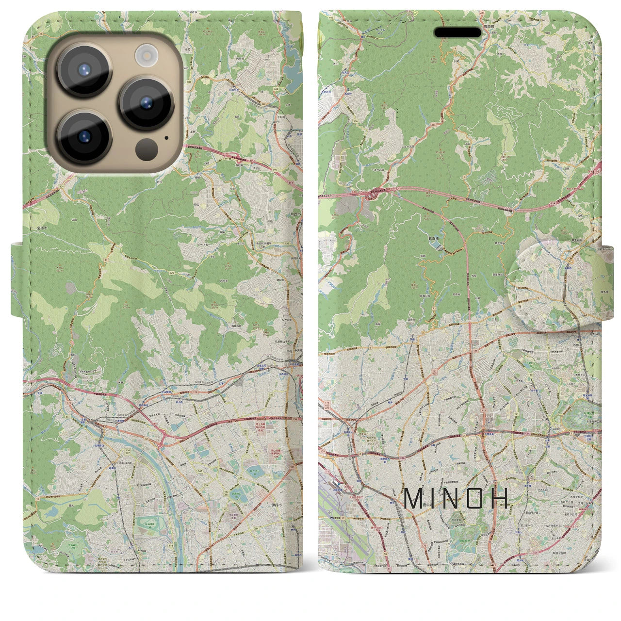 【箕面(大阪府)】地図柄iPhoneケース(手帳タイプ)ナチュラル・iPhone 14 Pro Max 用