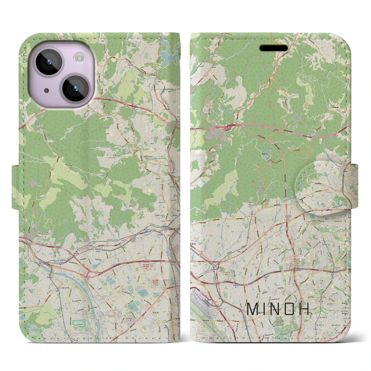 【箕面(大阪府)】地図柄iPhoneケース(手帳タイプ)ナチュラル・iPhone 14 用