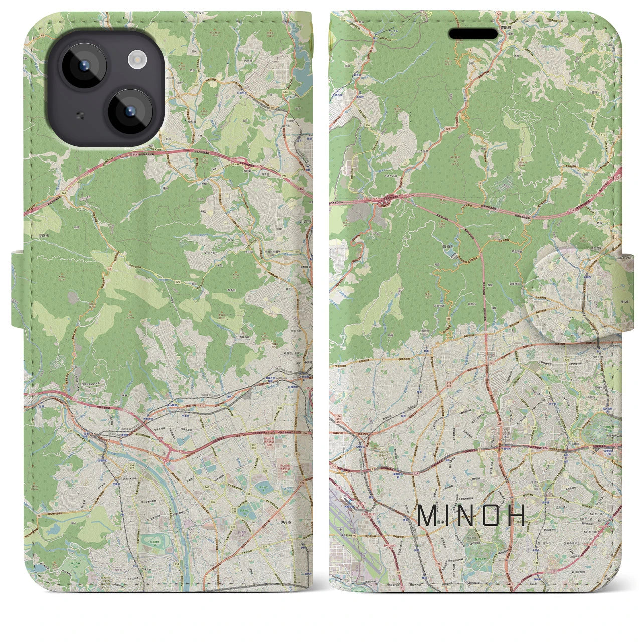【箕面(大阪府)】地図柄iPhoneケース(手帳タイプ)ナチュラル・iPhone 14 Plus 用