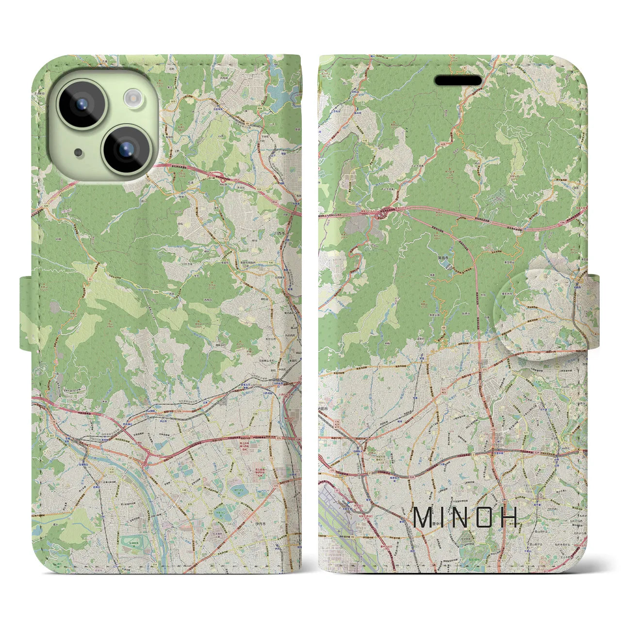【箕面(大阪府)】地図柄iPhoneケース(手帳タイプ)ナチュラル・iPhone 15 用