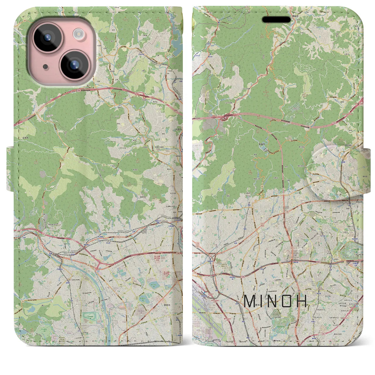 【箕面(大阪府)】地図柄iPhoneケース(手帳タイプ)ナチュラル・iPhone 15 Plus 用