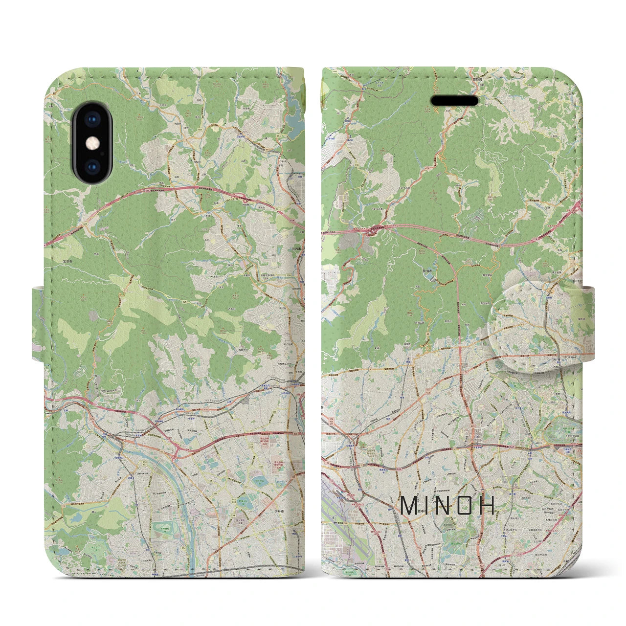 【箕面(大阪府)】地図柄iPhoneケース(手帳タイプ)ナチュラル・iPhone XS / X 用