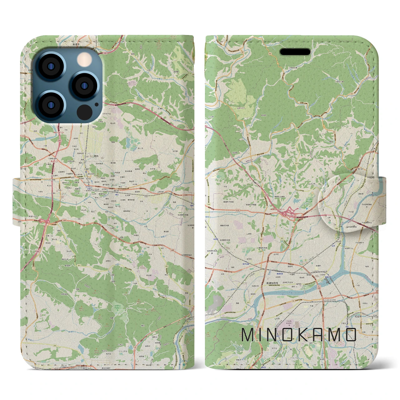【美濃加茂(岐阜県)】地図柄iPhoneケース(手帳タイプ)ナチュラル・iPhone 12 / 12 Pro 用