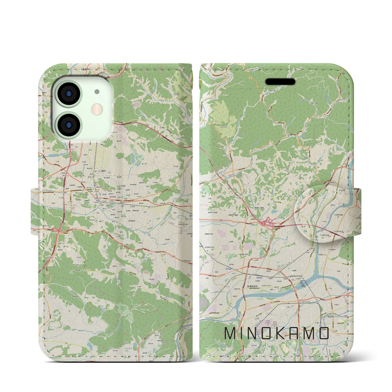 【美濃加茂(岐阜県)】地図柄iPhoneケース(手帳タイプ)ナチュラル・iPhone 12 mini 用