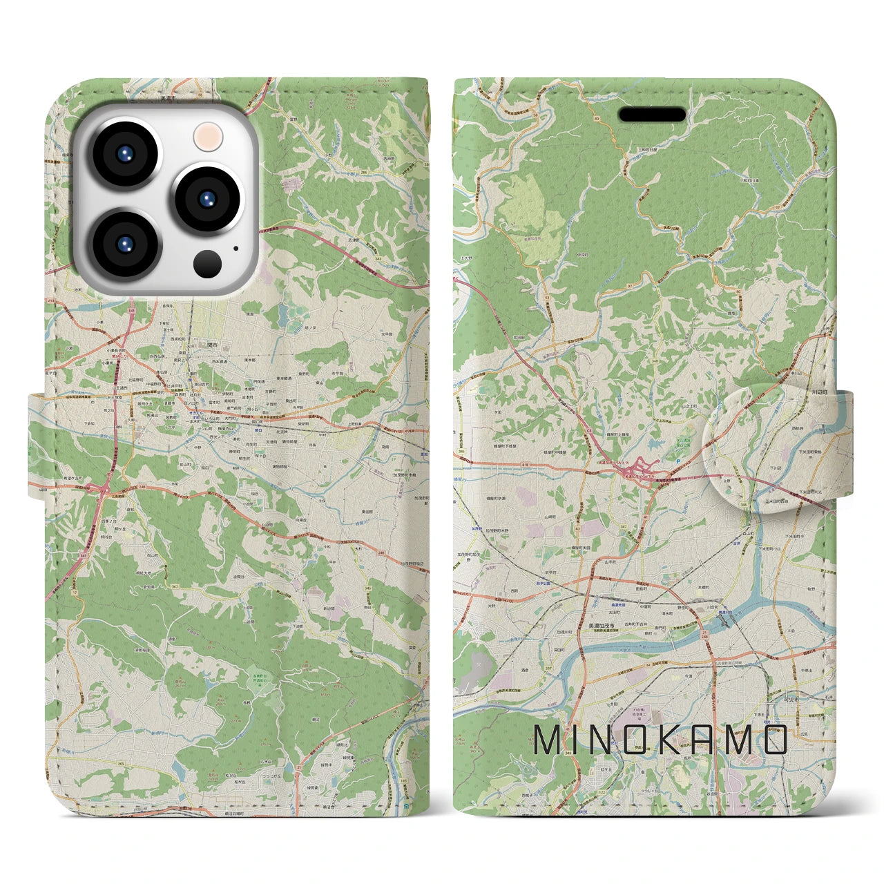【美濃加茂(岐阜県)】地図柄iPhoneケース(手帳タイプ)ナチュラル・iPhone 13 Pro 用
