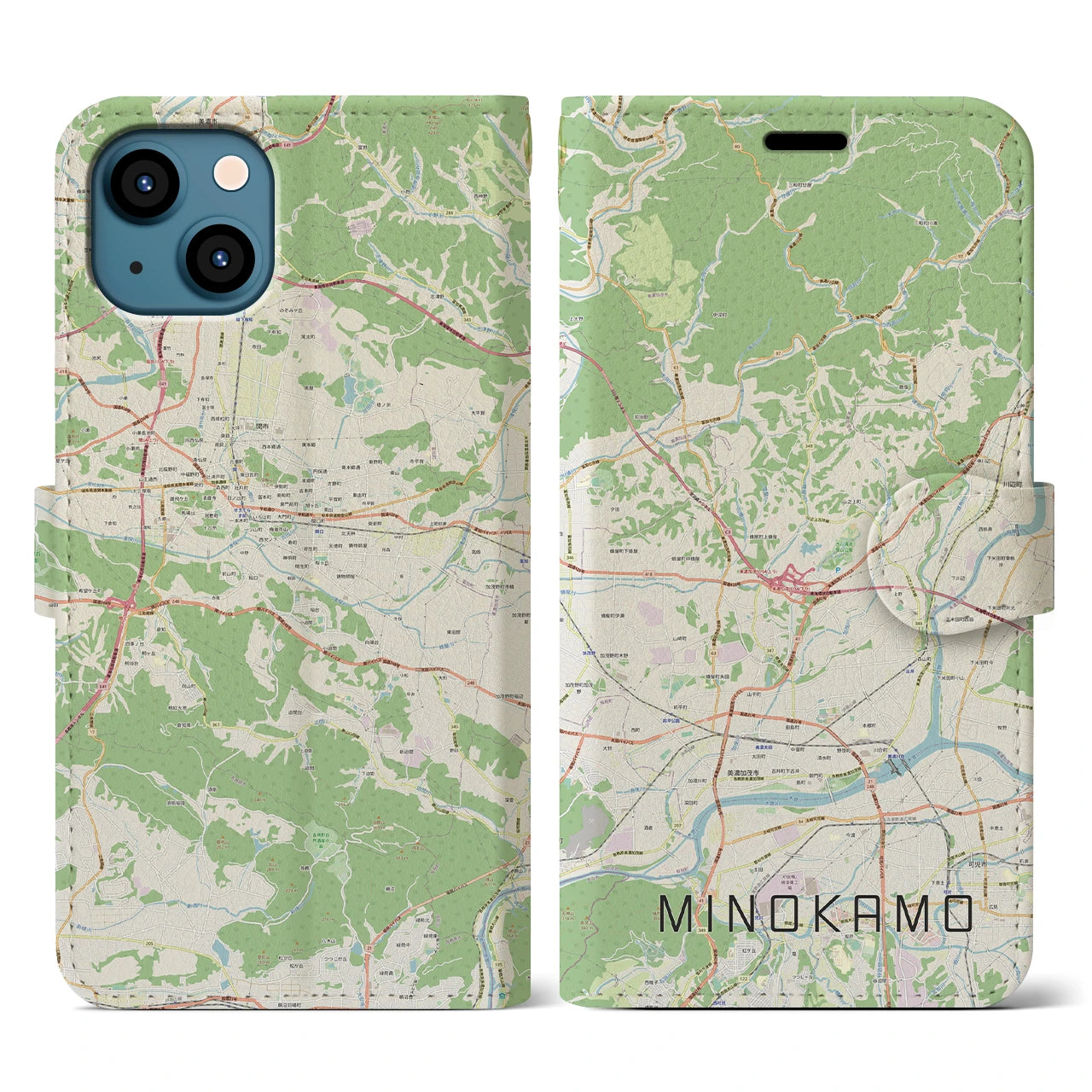 【美濃加茂(岐阜県)】地図柄iPhoneケース(手帳タイプ)ナチュラル・iPhone 13 用