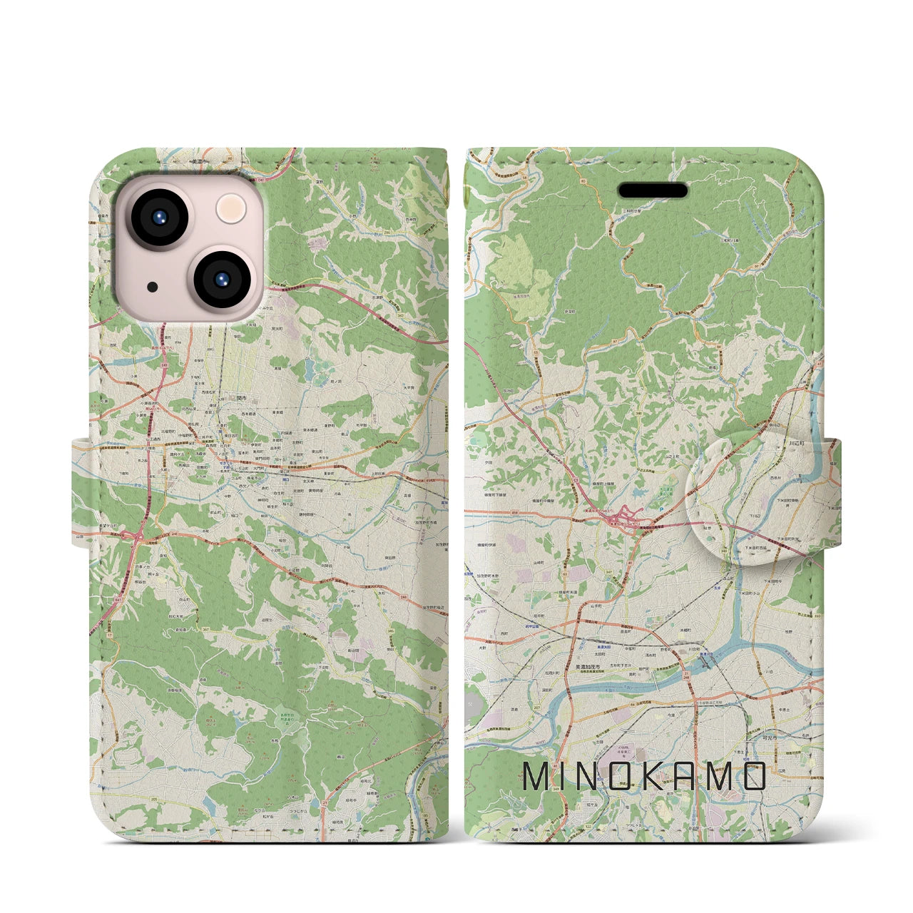 【美濃加茂(岐阜県)】地図柄iPhoneケース(手帳タイプ)ナチュラル・iPhone 13 mini 用