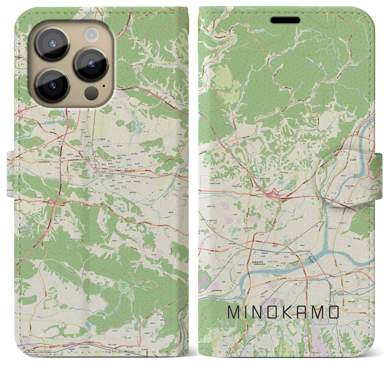 【美濃加茂(岐阜県)】地図柄iPhoneケース(手帳タイプ)ナチュラル・iPhone 14 Pro Max 用