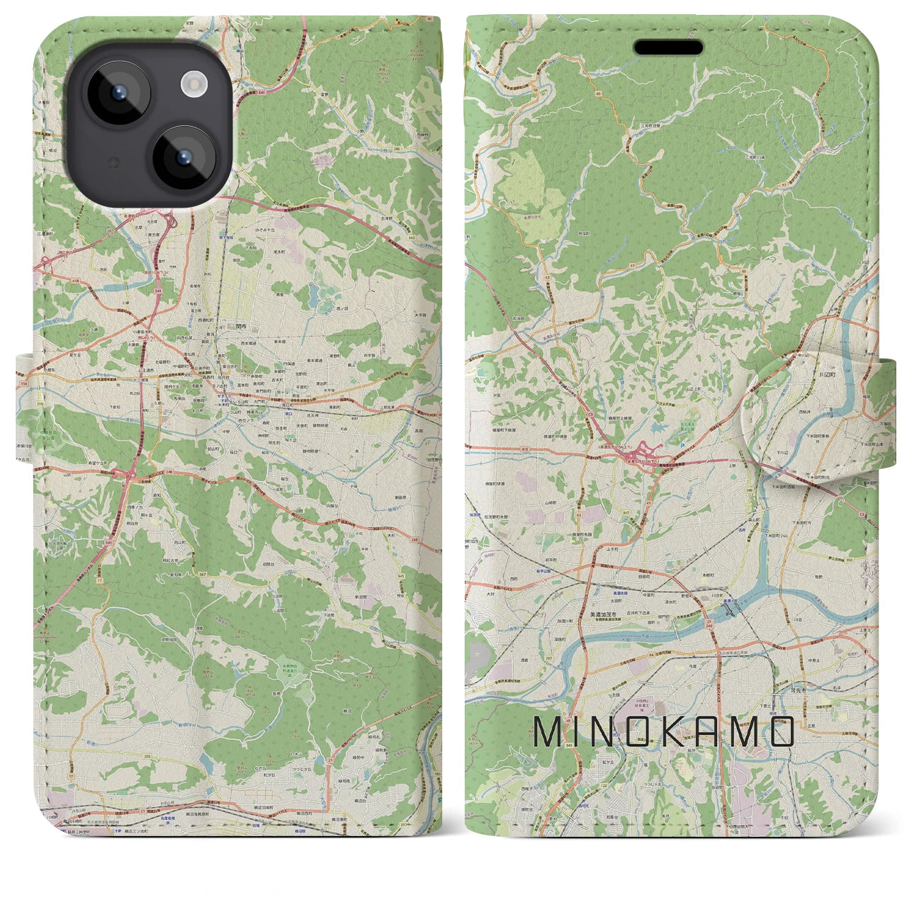 【美濃加茂(岐阜県)】地図柄iPhoneケース(手帳タイプ)ナチュラル・iPhone 14 Plus 用
