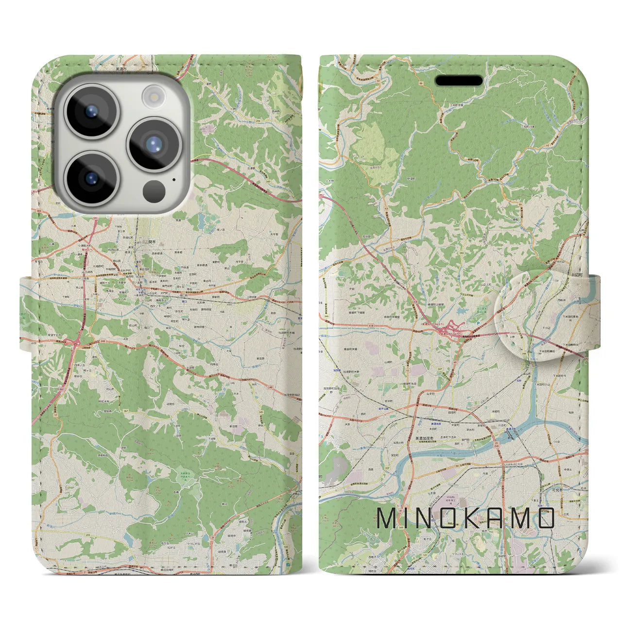 【美濃加茂(岐阜県)】地図柄iPhoneケース(手帳タイプ)ナチュラル・iPhone 15 Pro 用