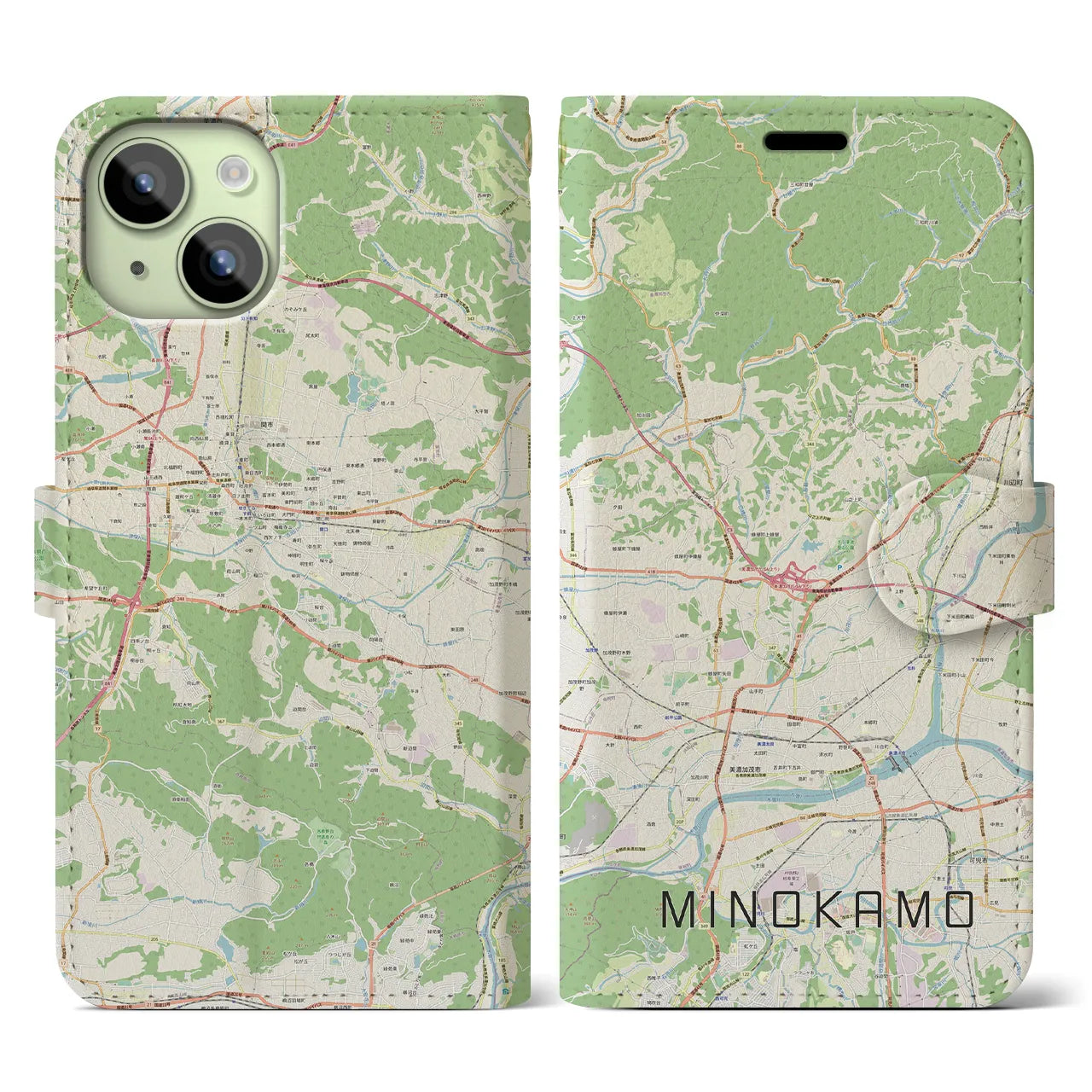 【美濃加茂(岐阜県)】地図柄iPhoneケース(手帳タイプ)ナチュラル・iPhone 15 用
