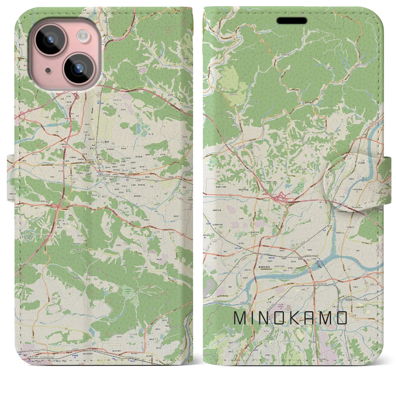 【美濃加茂(岐阜県)】地図柄iPhoneケース(手帳タイプ)ナチュラル・iPhone 15 Plus 用