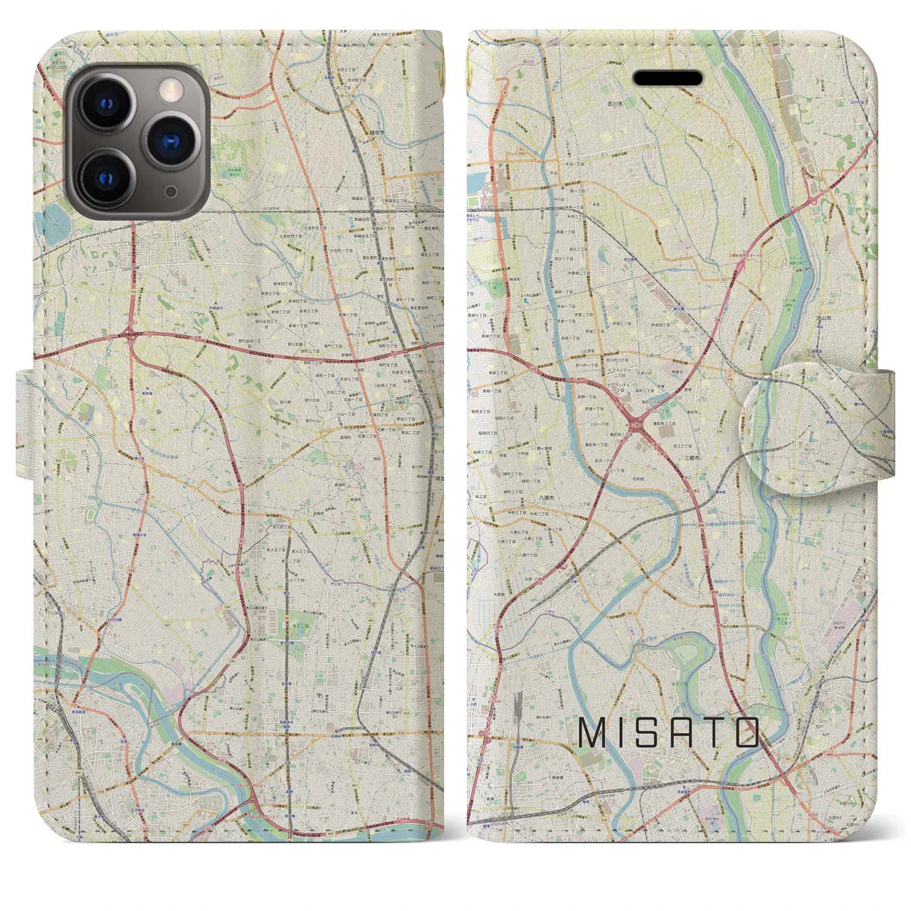 【三郷(埼玉県)】地図柄iPhoneケース(手帳タイプ)ナチュラル・iPhone 11 Pro Max 用