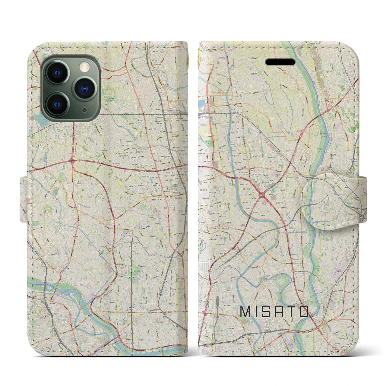 【三郷(埼玉県)】地図柄iPhoneケース(手帳タイプ)ナチュラル・iPhone 11 Pro 用