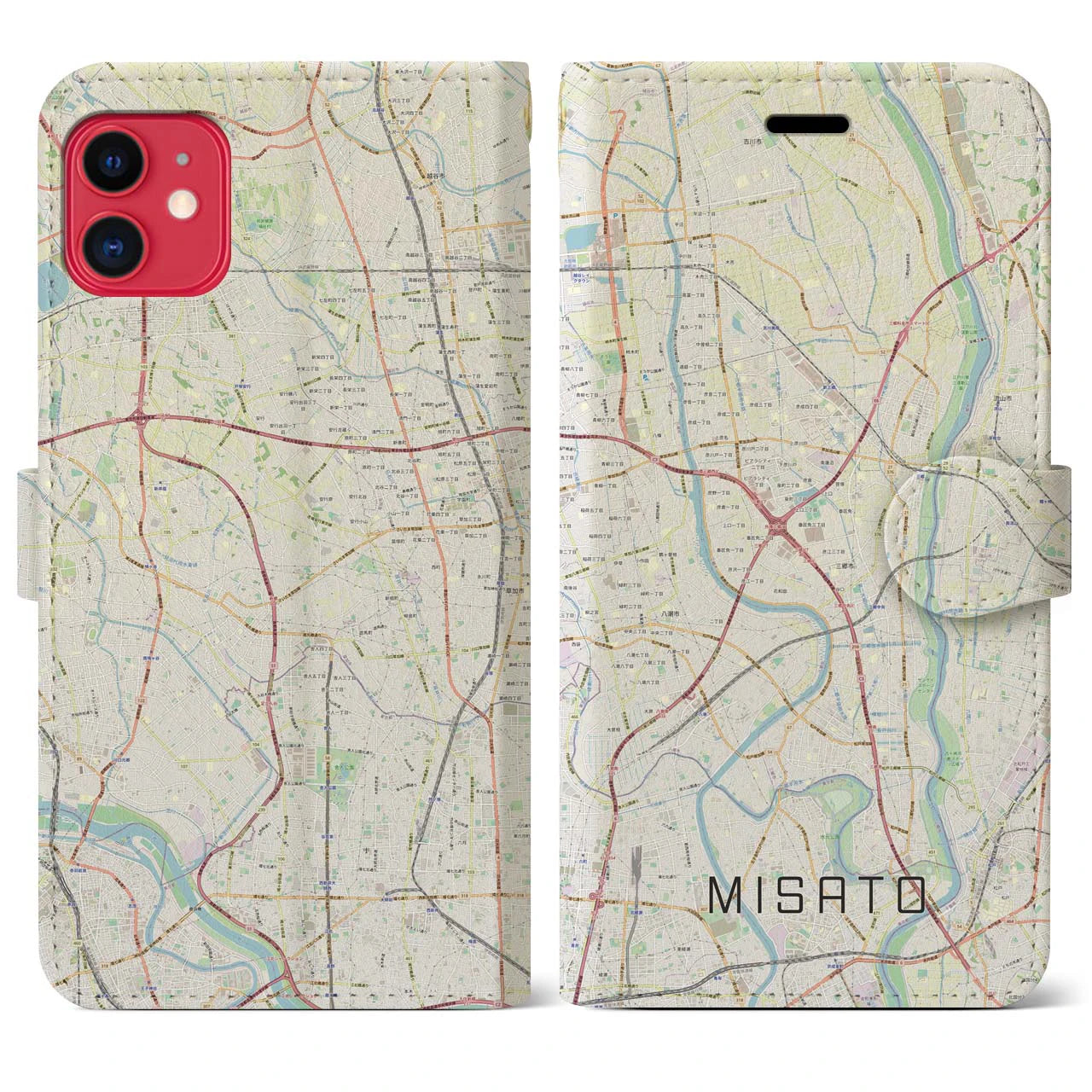 【三郷(埼玉県)】地図柄iPhoneケース(手帳タイプ)ナチュラル・iPhone 11 用