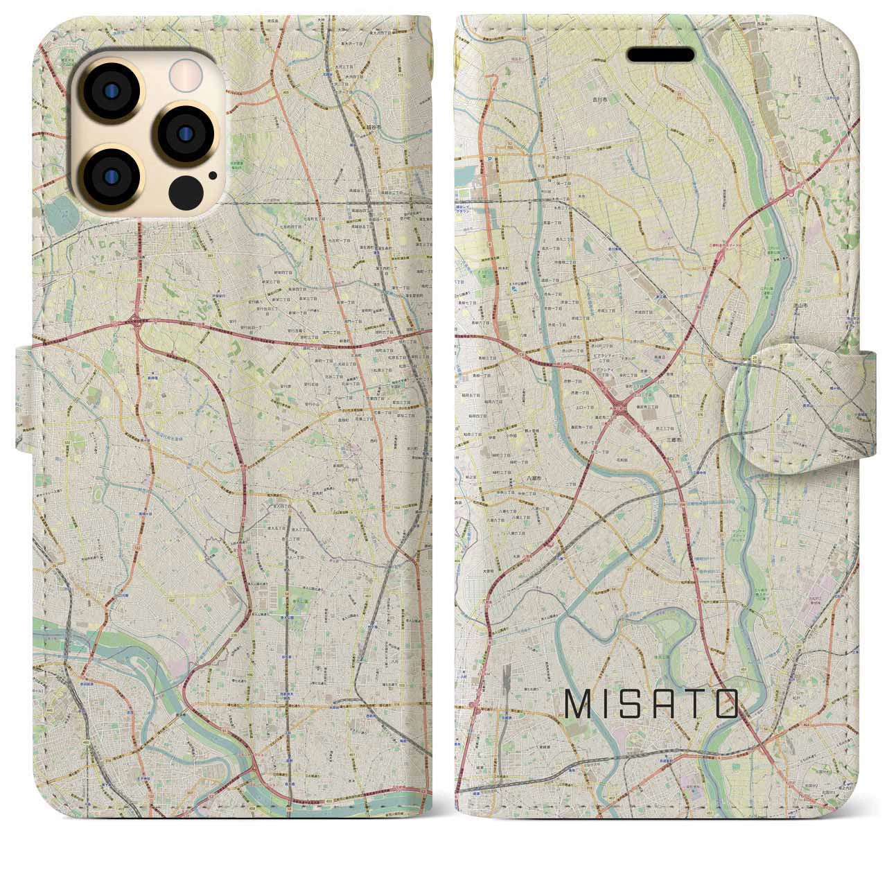 【三郷(埼玉県)】地図柄iPhoneケース(手帳タイプ)ナチュラル・iPhone 12 Pro Max 用