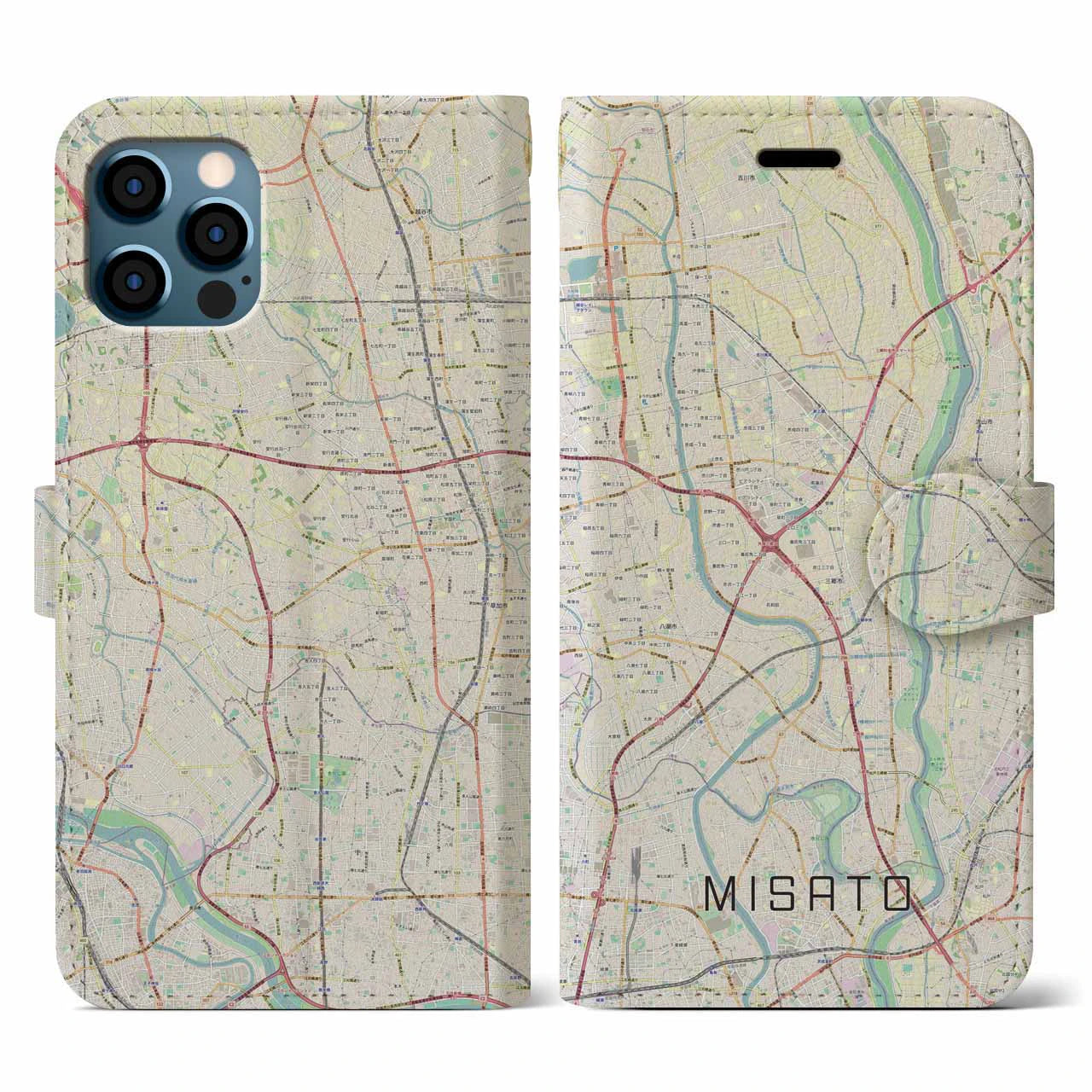 【三郷(埼玉県)】地図柄iPhoneケース(手帳タイプ)ナチュラル・iPhone 12 / 12 Pro 用