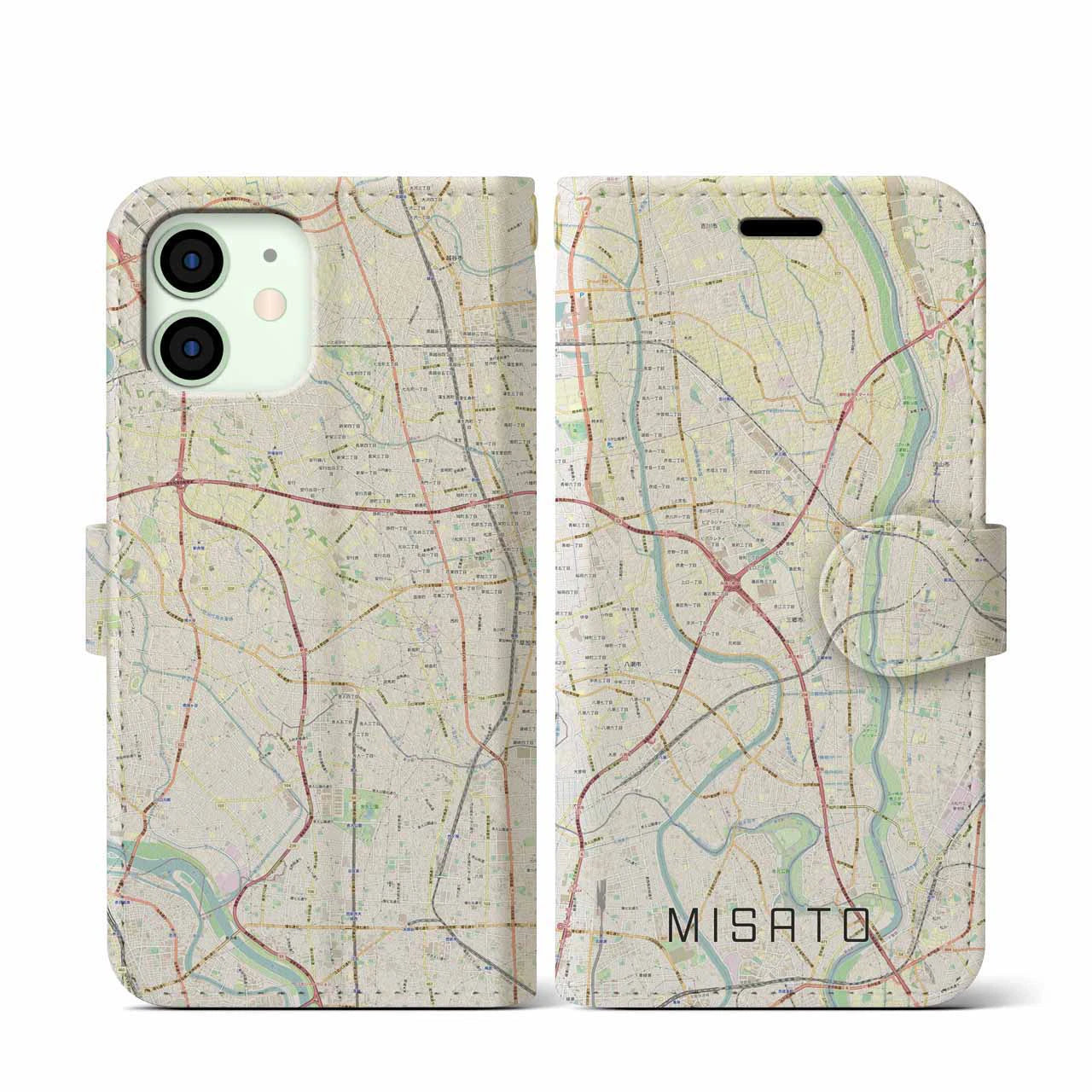 【三郷(埼玉県)】地図柄iPhoneケース(手帳タイプ)ナチュラル・iPhone 12 mini 用