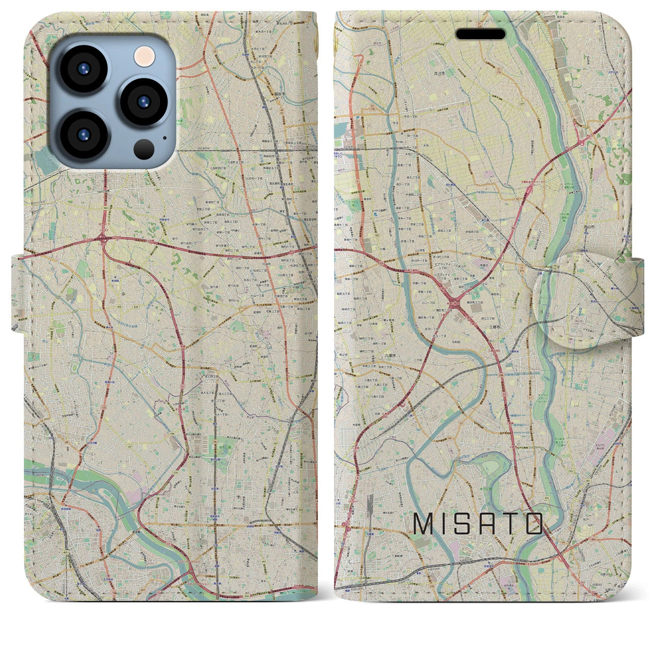 【三郷(埼玉県)】地図柄iPhoneケース(手帳タイプ)ナチュラル・iPhone 13 Pro Max 用