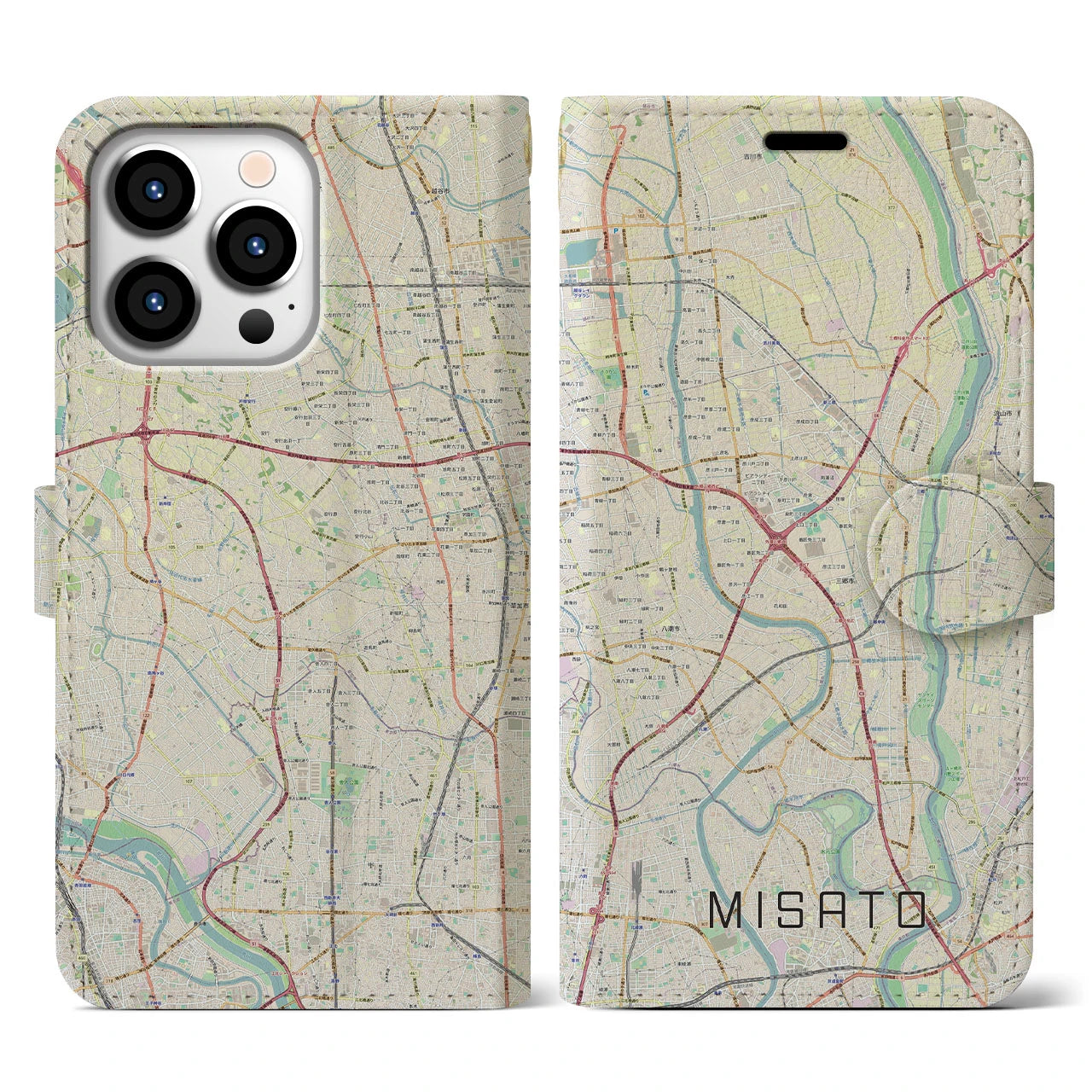 【三郷(埼玉県)】地図柄iPhoneケース(手帳タイプ)ナチュラル・iPhone 13 Pro 用