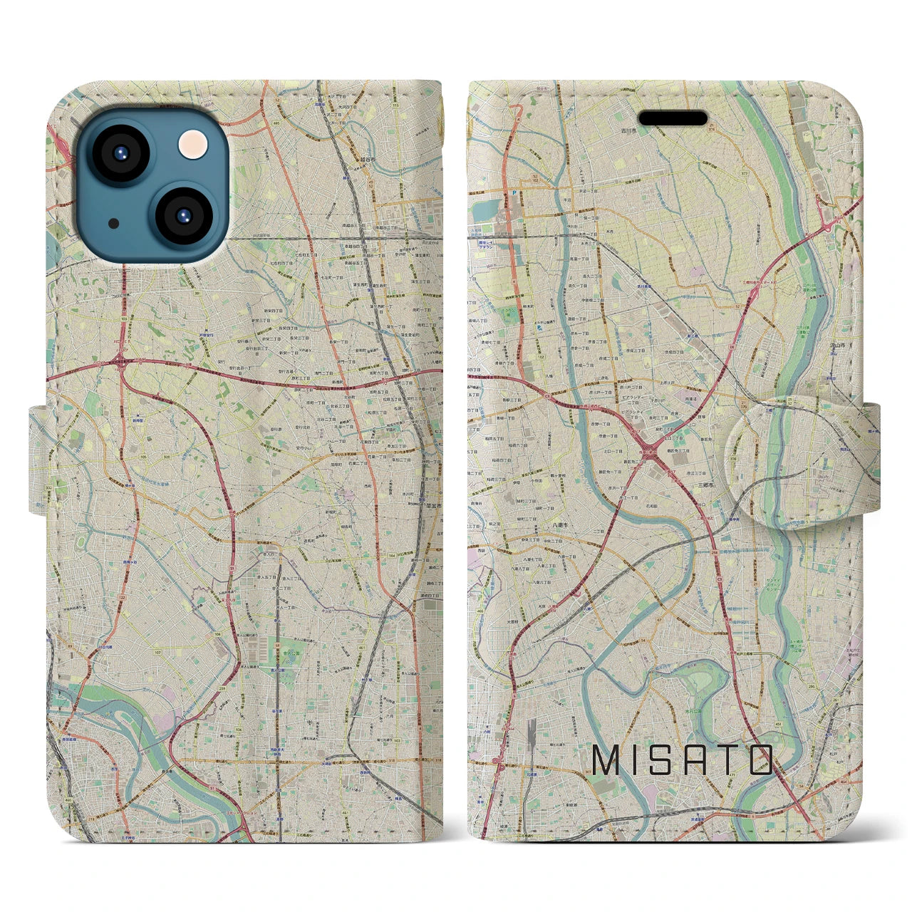 【三郷(埼玉県)】地図柄iPhoneケース(手帳タイプ)ナチュラル・iPhone 13 用