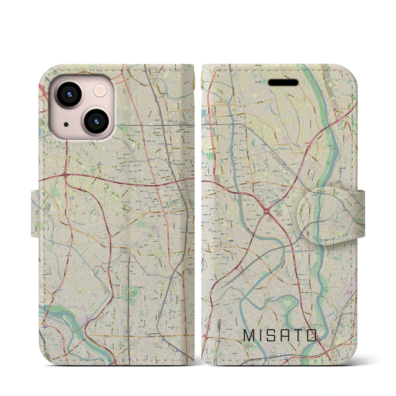 【三郷(埼玉県)】地図柄iPhoneケース(手帳タイプ)ナチュラル・iPhone 13 mini 用