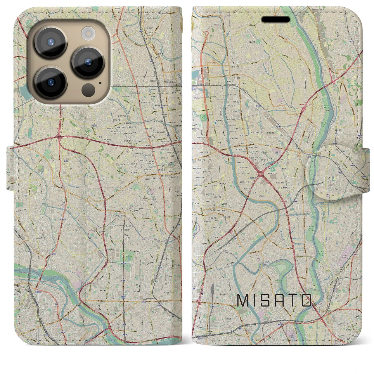 【三郷(埼玉県)】地図柄iPhoneケース(手帳タイプ)ナチュラル・iPhone 14 Pro Max 用