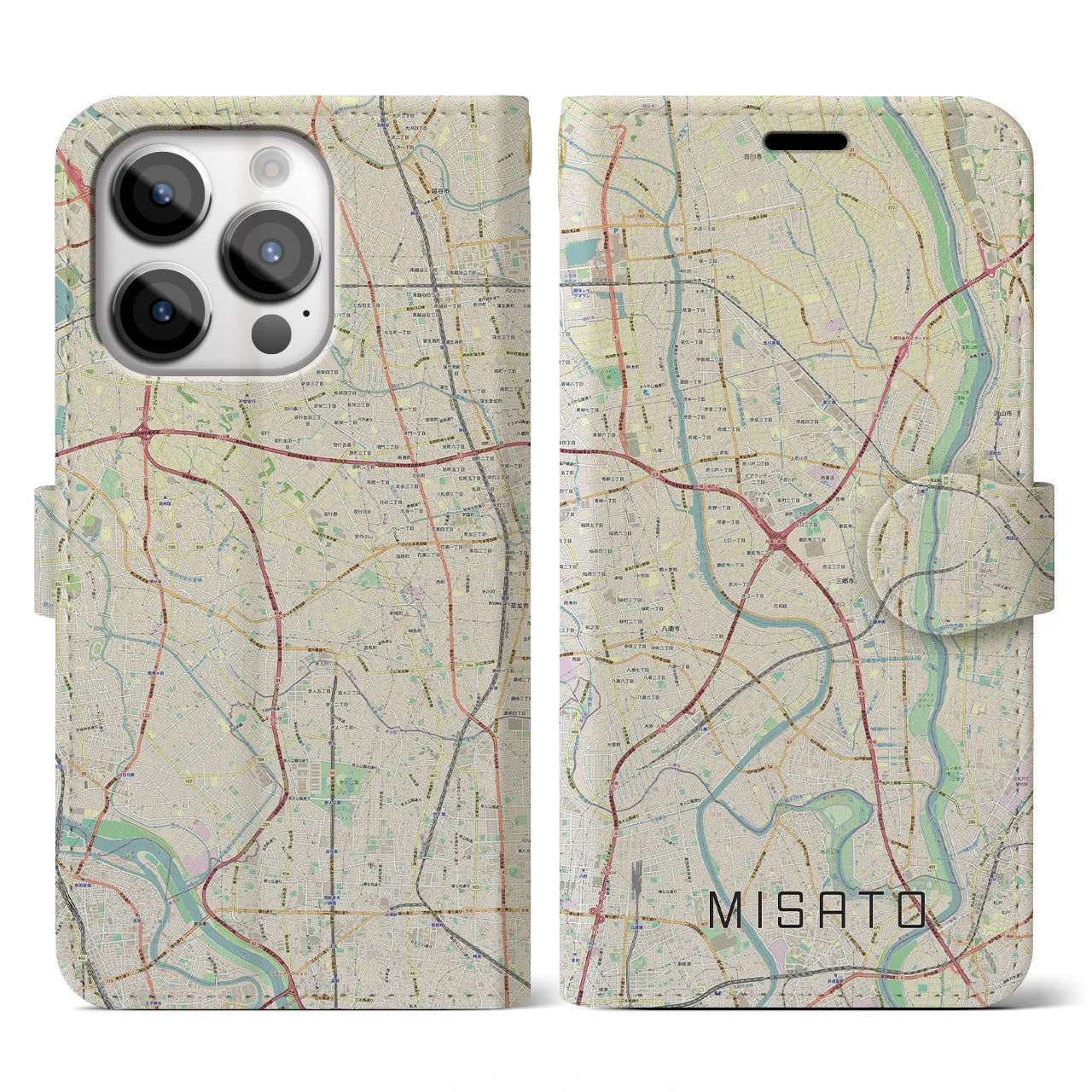 【三郷(埼玉県)】地図柄iPhoneケース(手帳タイプ)ナチュラル・iPhone 14 Pro 用