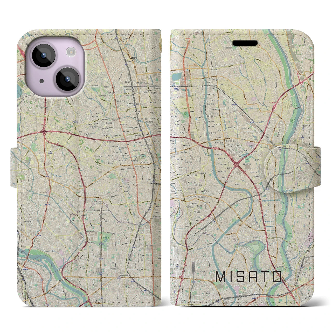 【三郷(埼玉県)】地図柄iPhoneケース(手帳タイプ)ナチュラル・iPhone 14 用