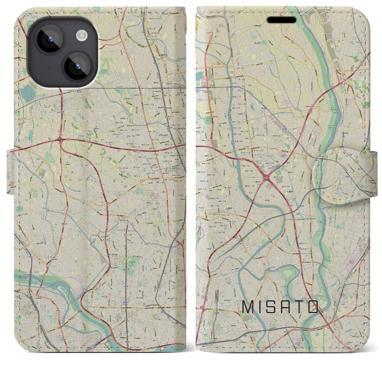 【三郷(埼玉県)】地図柄iPhoneケース(手帳タイプ)ナチュラル・iPhone 14 Plus 用