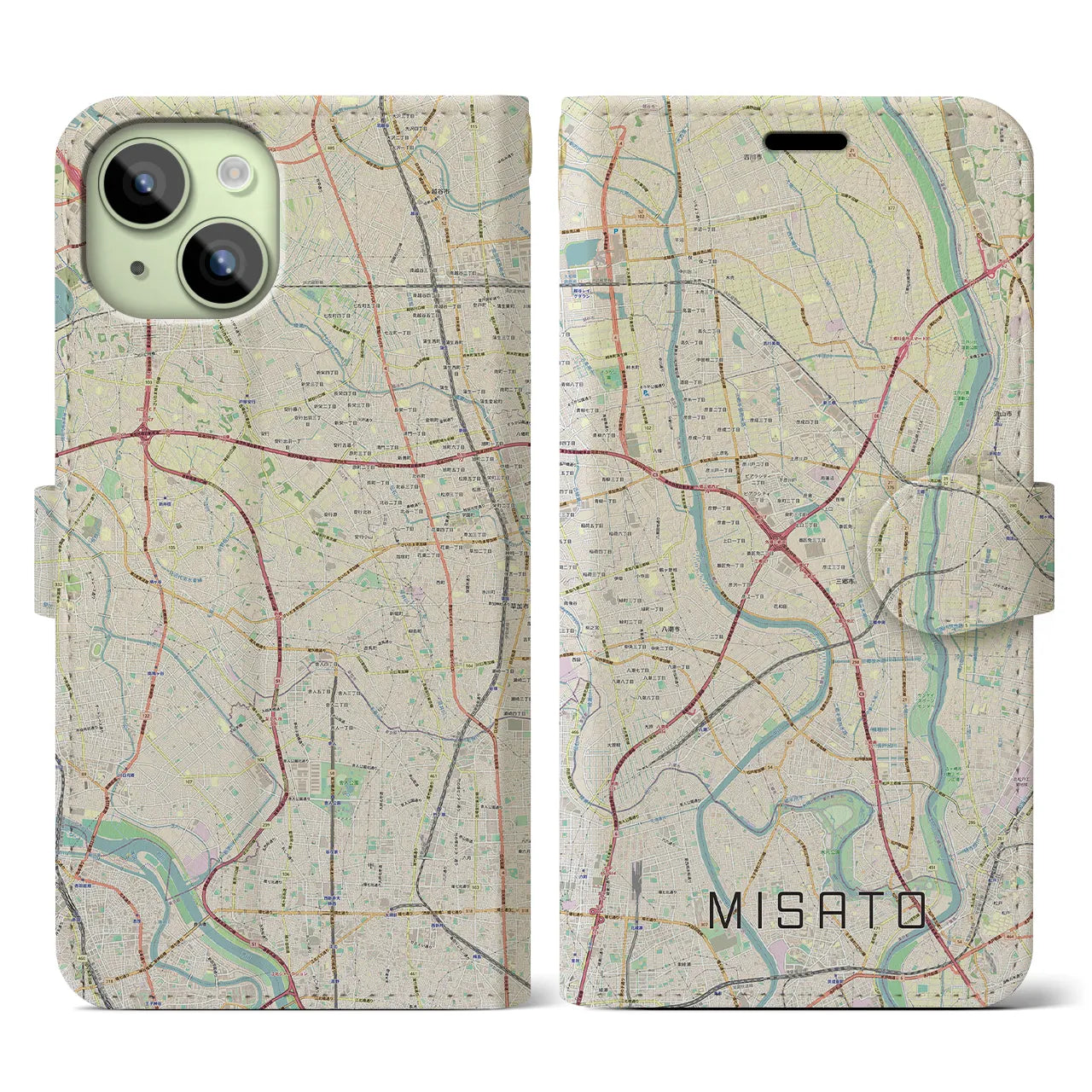 【三郷(埼玉県)】地図柄iPhoneケース(手帳タイプ)ナチュラル・iPhone 15 用