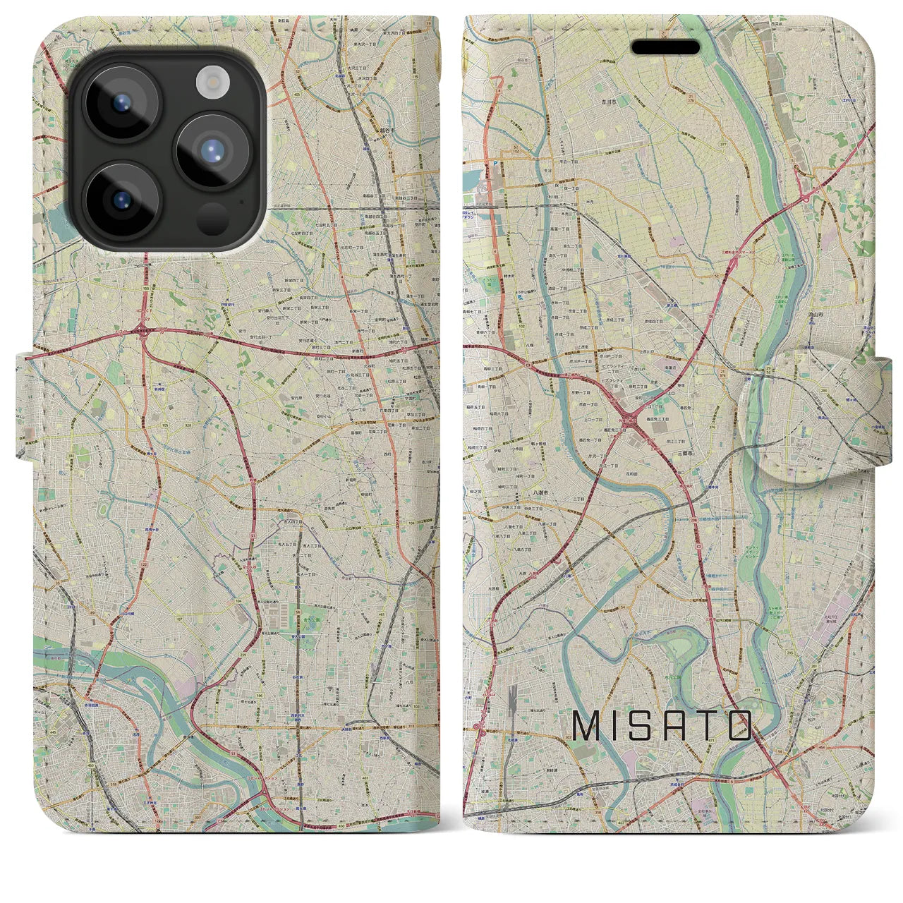 【三郷(埼玉県)】地図柄iPhoneケース(手帳タイプ)ナチュラル・iPhone 15 Pro Max 用