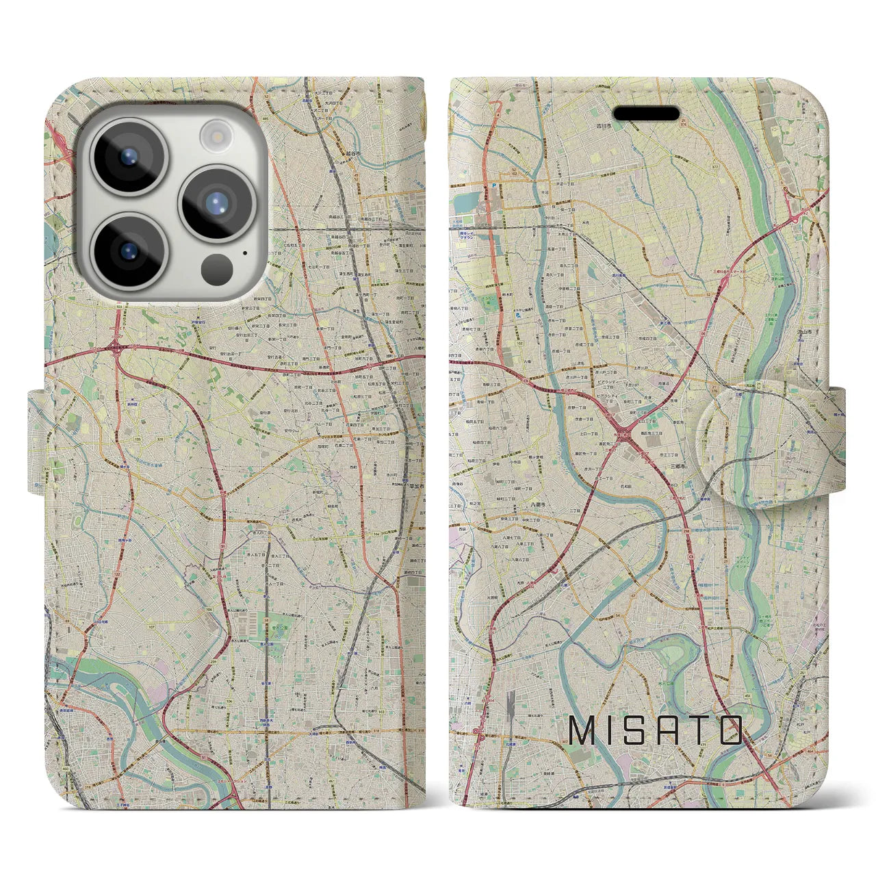 【三郷(埼玉県)】地図柄iPhoneケース(手帳タイプ)ナチュラル・iPhone 15 Pro 用