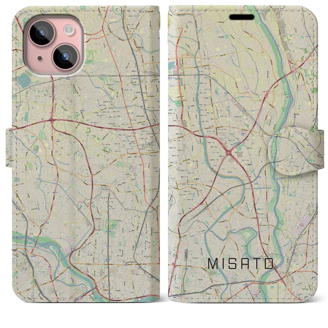 【三郷(埼玉県)】地図柄iPhoneケース(手帳タイプ)ナチュラル・iPhone 15 Plus 用