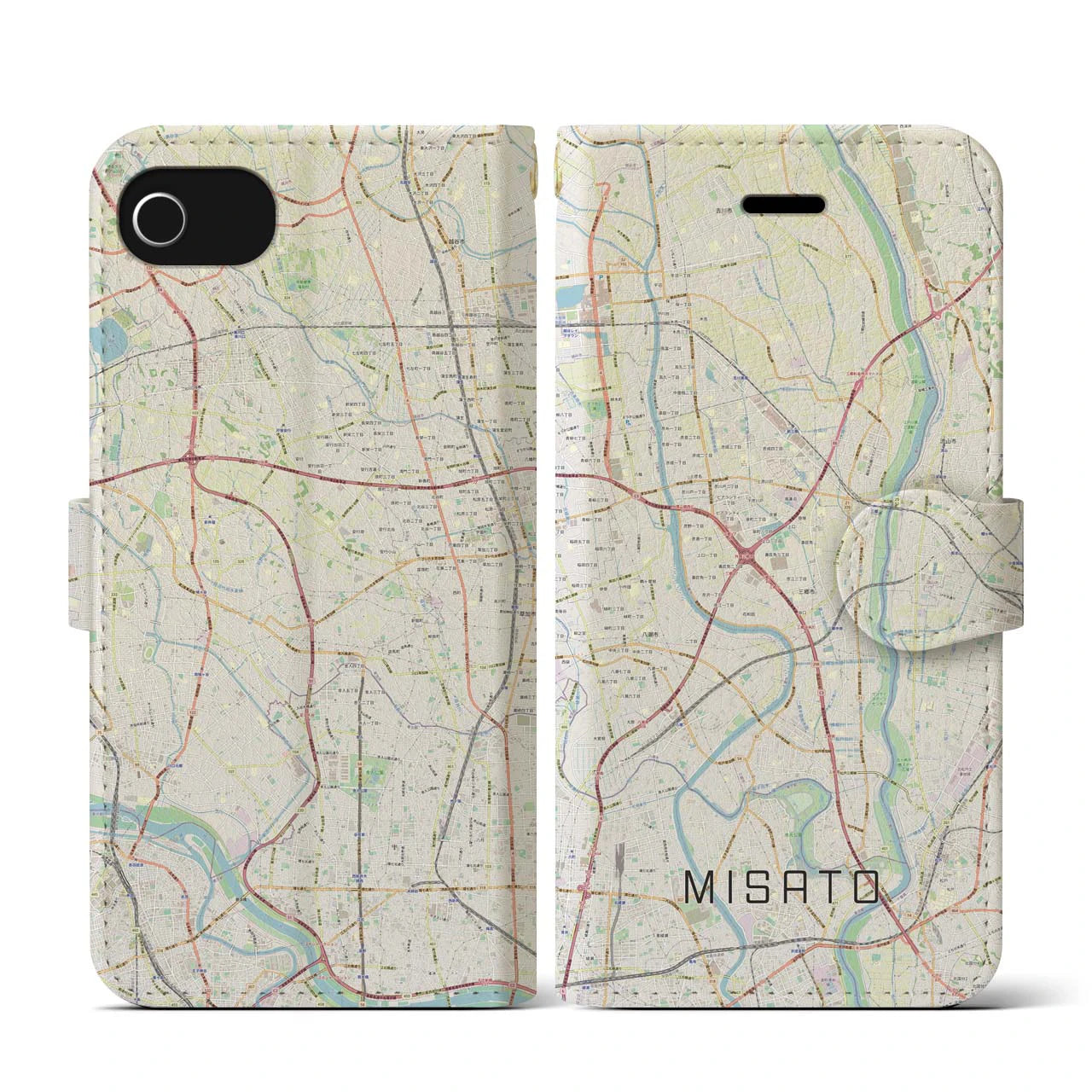 【三郷(埼玉県)】地図柄iPhoneケース(手帳タイプ)ナチュラル・iPhone SE(第3 / 第2世代) / 8 / 7 / 6s / 6 用