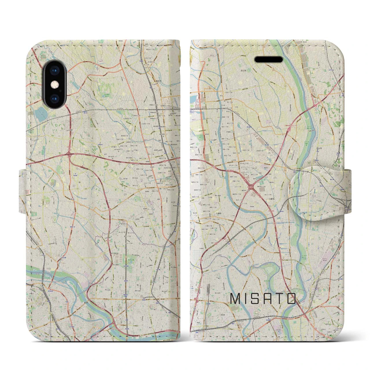 【三郷(埼玉県)】地図柄iPhoneケース(手帳タイプ)ナチュラル・iPhone XS / X 用