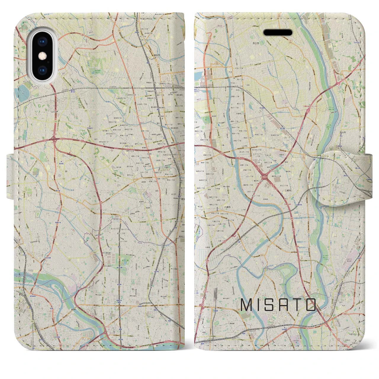 【三郷(埼玉県)】地図柄iPhoneケース(手帳タイプ)ナチュラル・iPhone XS Max 用