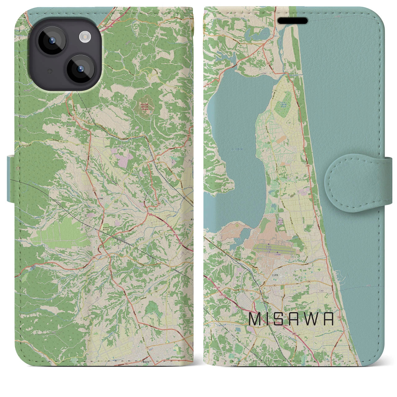 【三沢(青森県)】地図柄iPhoneケース(手帳タイプ)ナチュラル・iPhone 14 Plus 用