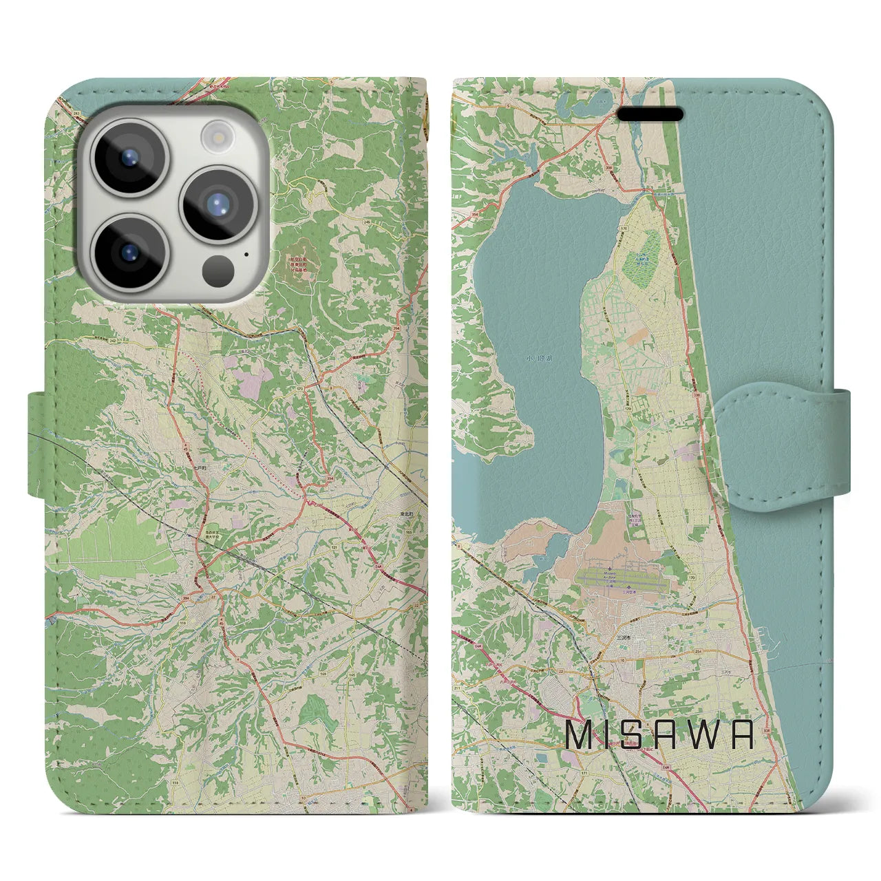 【三沢(青森県)】地図柄iPhoneケース(手帳タイプ)ナチュラル・iPhone 15 Pro 用