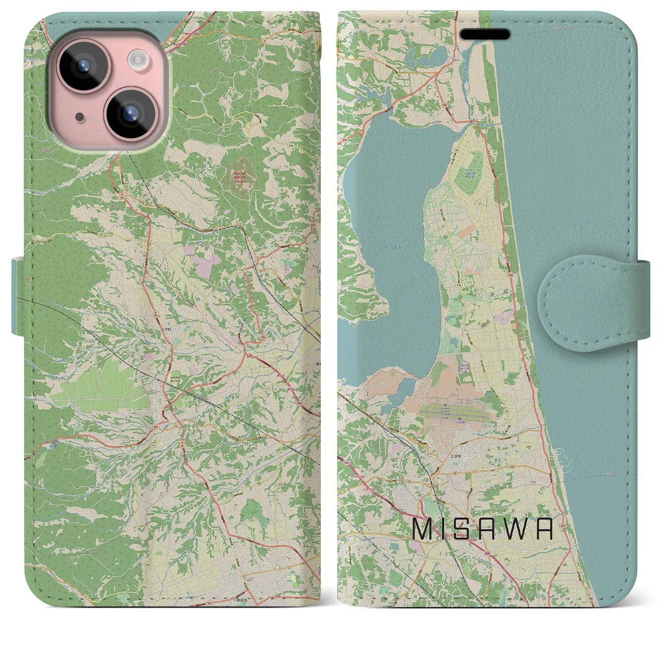 【三沢(青森県)】地図柄iPhoneケース(手帳タイプ)ナチュラル・iPhone 15 Plus 用