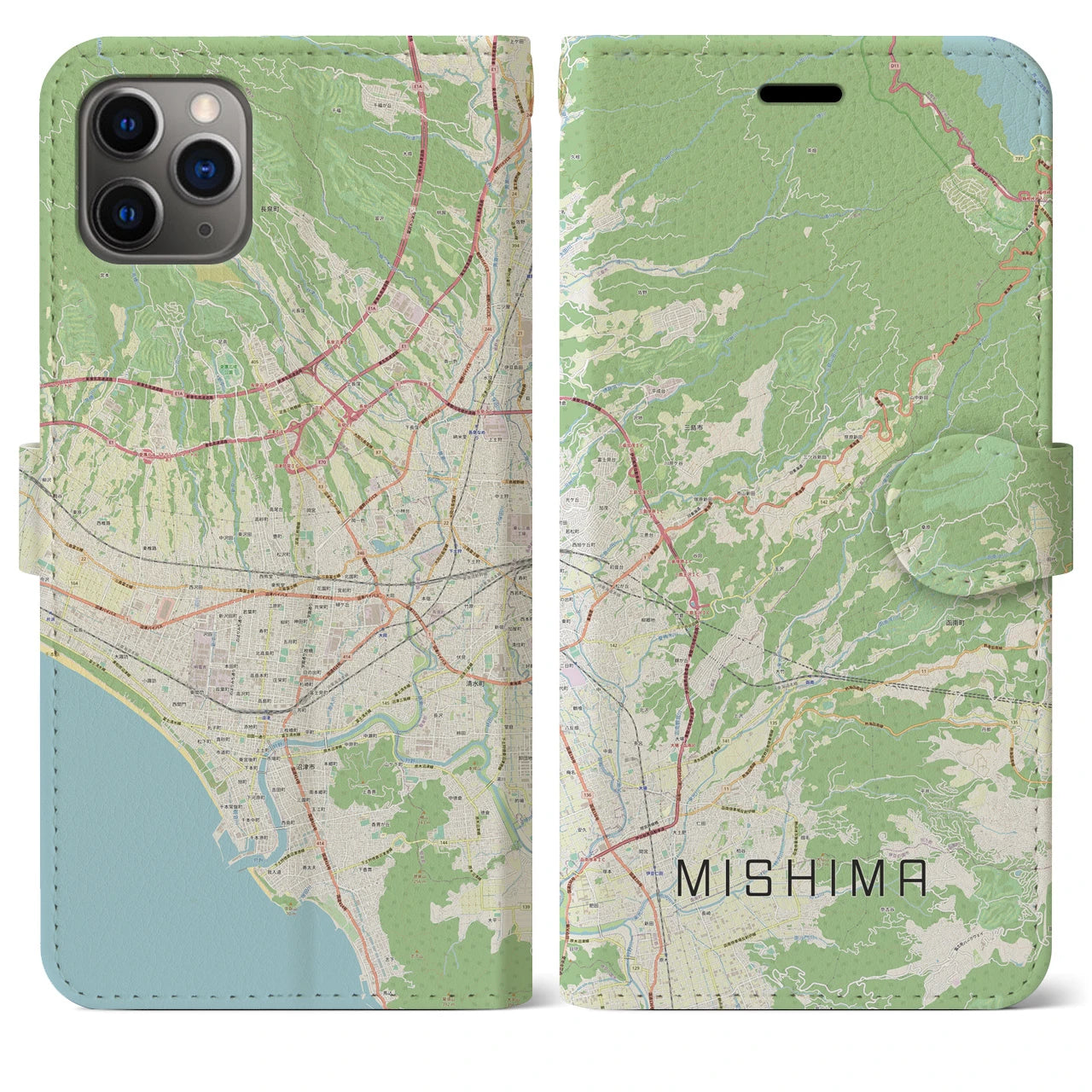 【三島(静岡県)】地図柄iPhoneケース(手帳タイプ)ナチュラル・iPhone 11 Pro Max 用