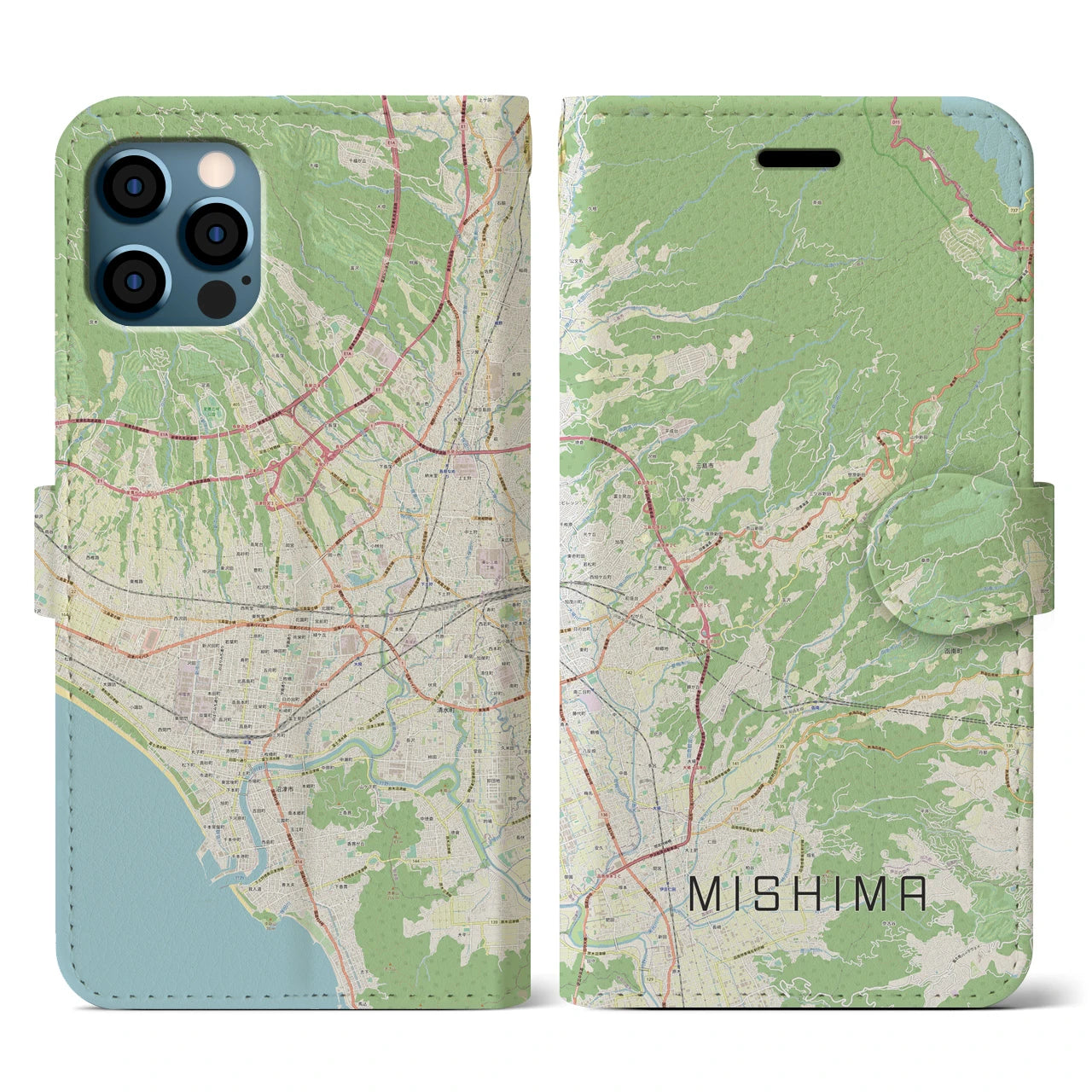 【三島(静岡県)】地図柄iPhoneケース(手帳タイプ)ナチュラル・iPhone 12 / 12 Pro 用