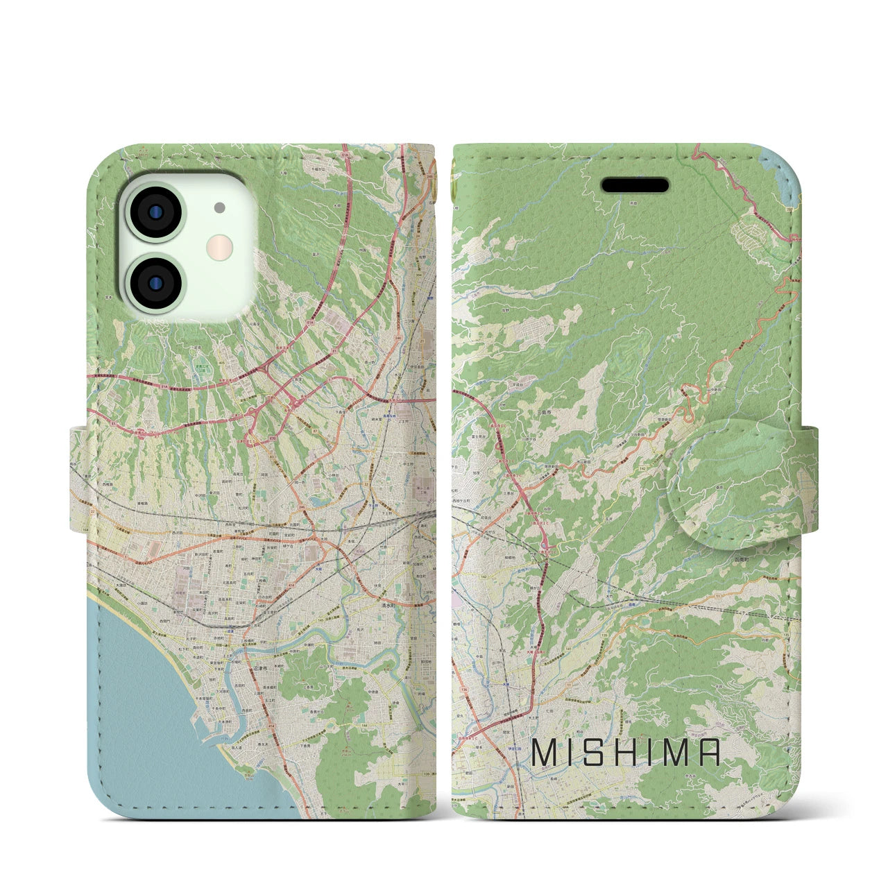 【三島(静岡県)】地図柄iPhoneケース(手帳タイプ)ナチュラル・iPhone 12 mini 用