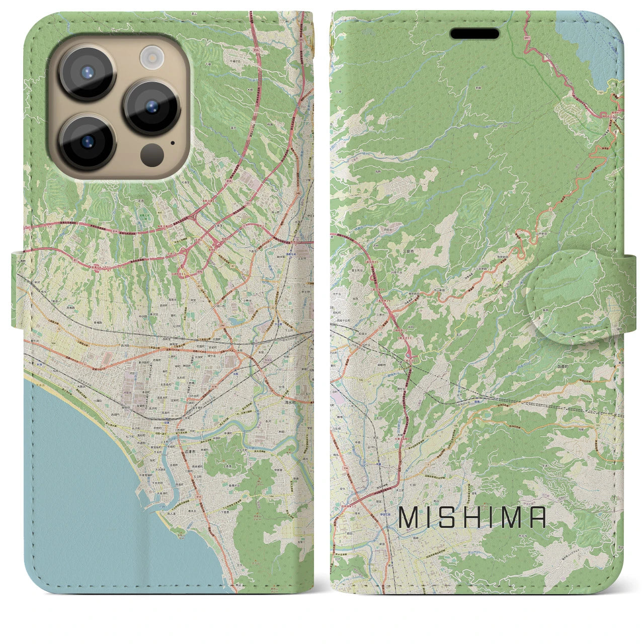 【三島(静岡県)】地図柄iPhoneケース(手帳タイプ)ナチュラル・iPhone 14 Pro Max 用