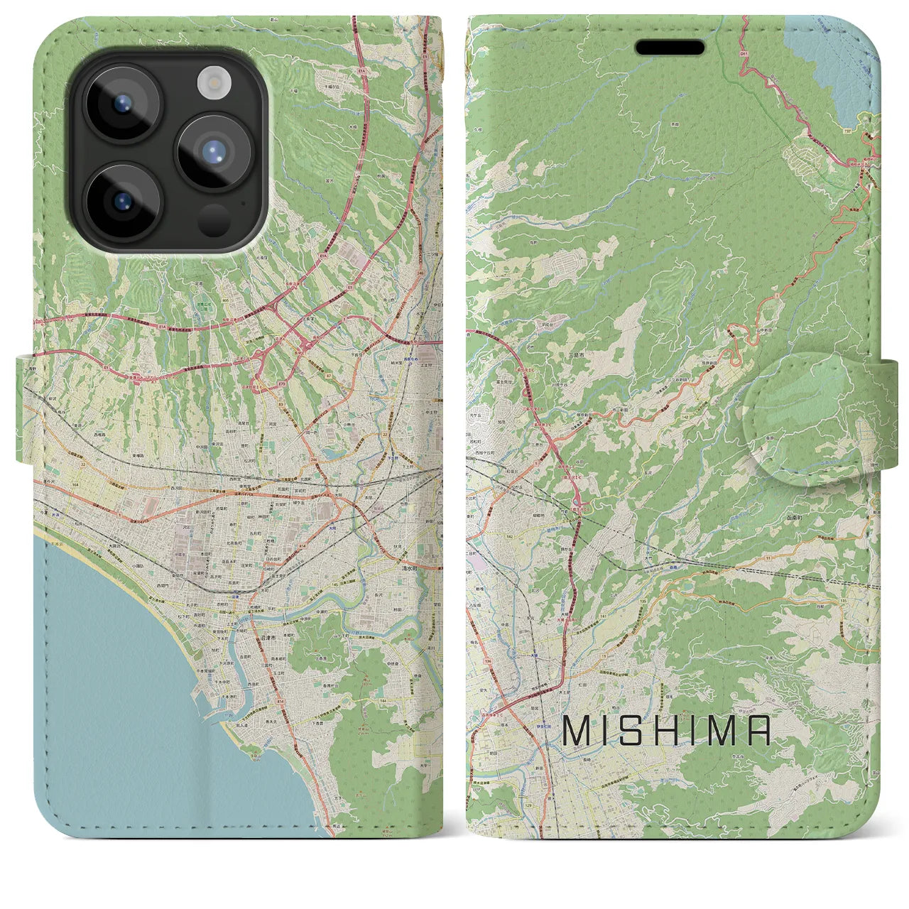 【三島(静岡県)】地図柄iPhoneケース(手帳タイプ)ナチュラル・iPhone 15 Pro Max 用