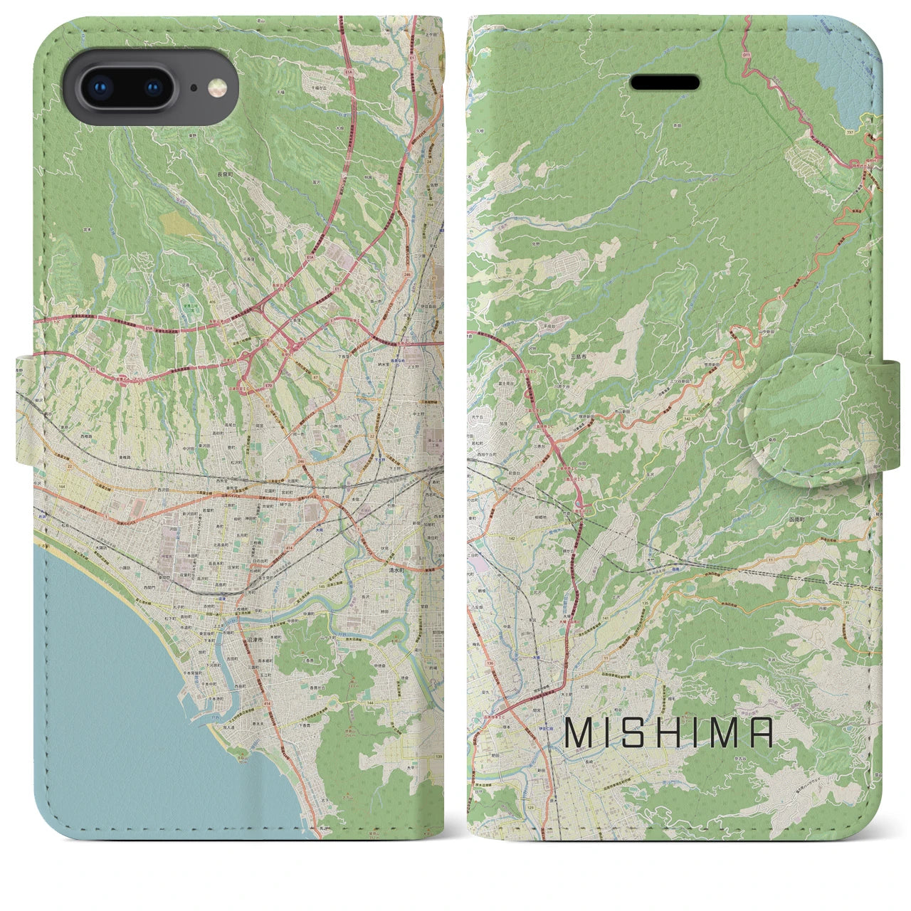 【三島(静岡県)】地図柄iPhoneケース(手帳タイプ)ナチュラル・iPhone 8Plus /7Plus / 6sPlus / 6Plus 用
