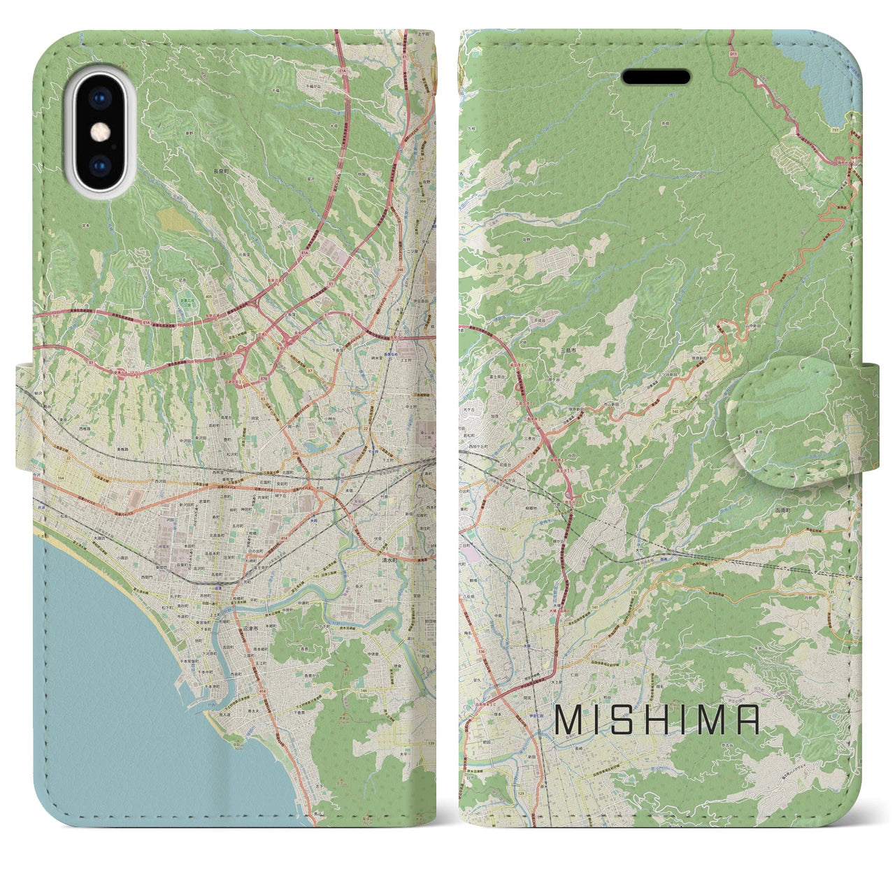 【三島(静岡県)】地図柄iPhoneケース(手帳タイプ)ナチュラル・iPhone XS Max 用