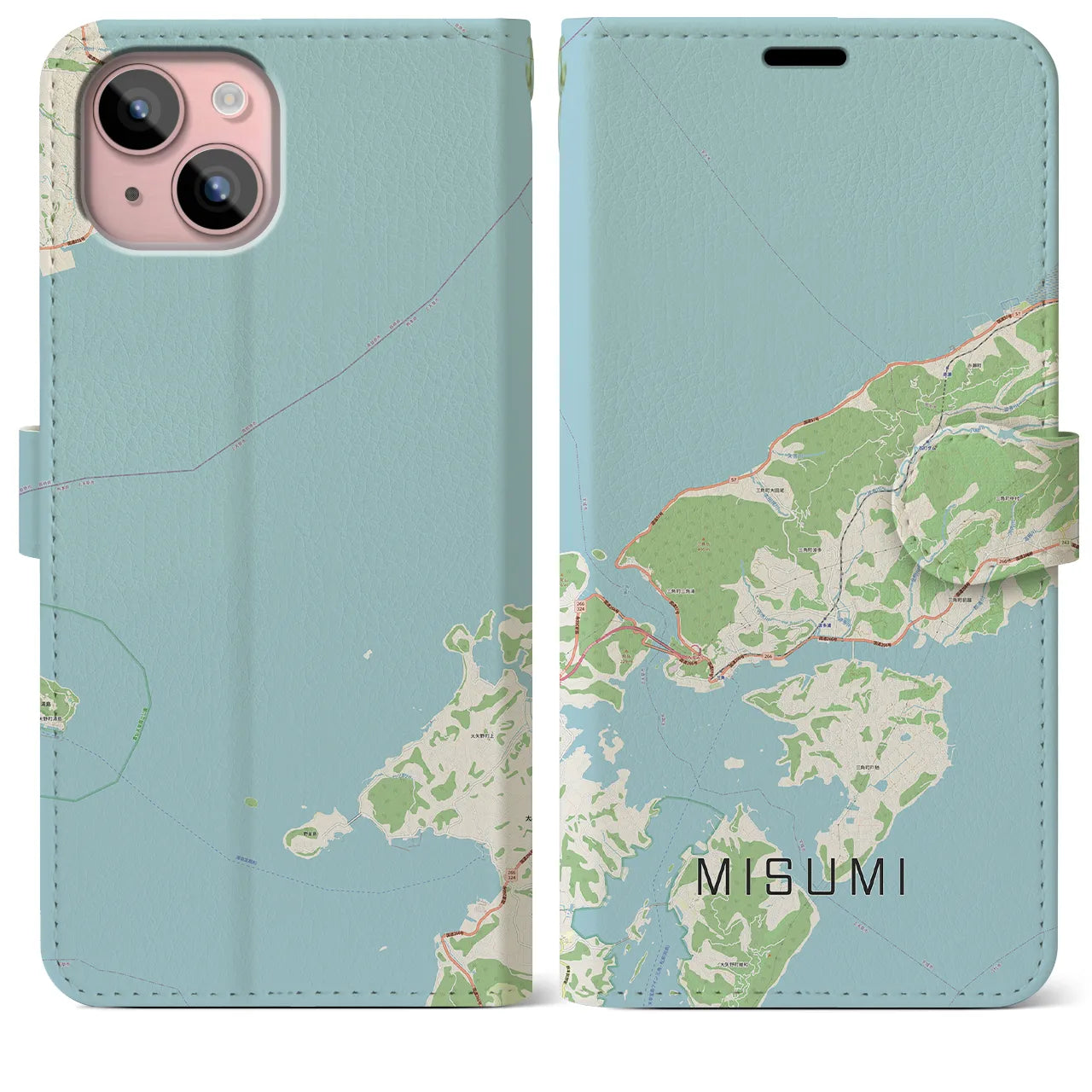 【三角(熊本県)】地図柄iPhoneケース(手帳タイプ)ナチュラル・iPhone 15 Plus 用