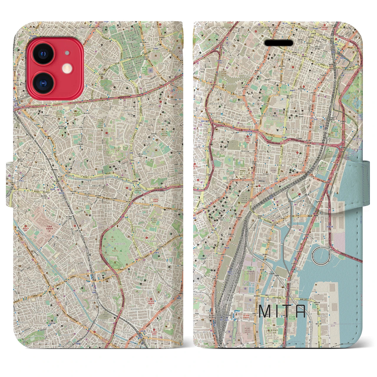 【三田(東京都)】地図柄iPhoneケース(手帳タイプ)ナチュラル・iPhone 11 用
