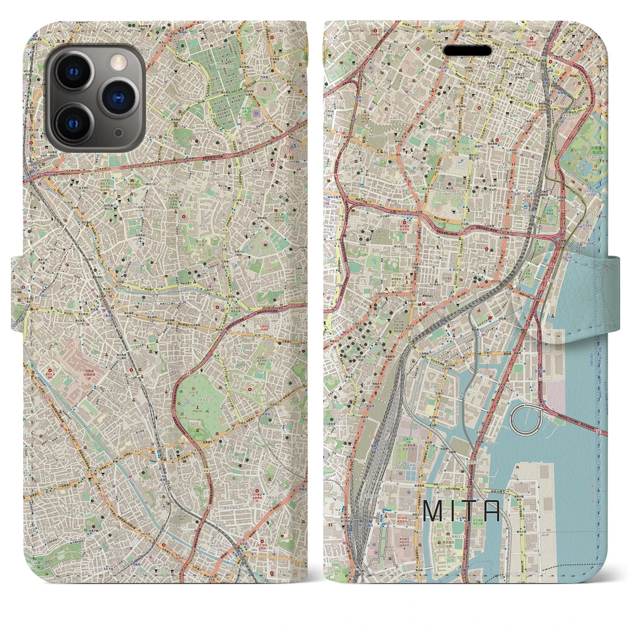 【三田(東京都)】地図柄iPhoneケース(手帳タイプ)ナチュラル・iPhone 11 Pro Max 用